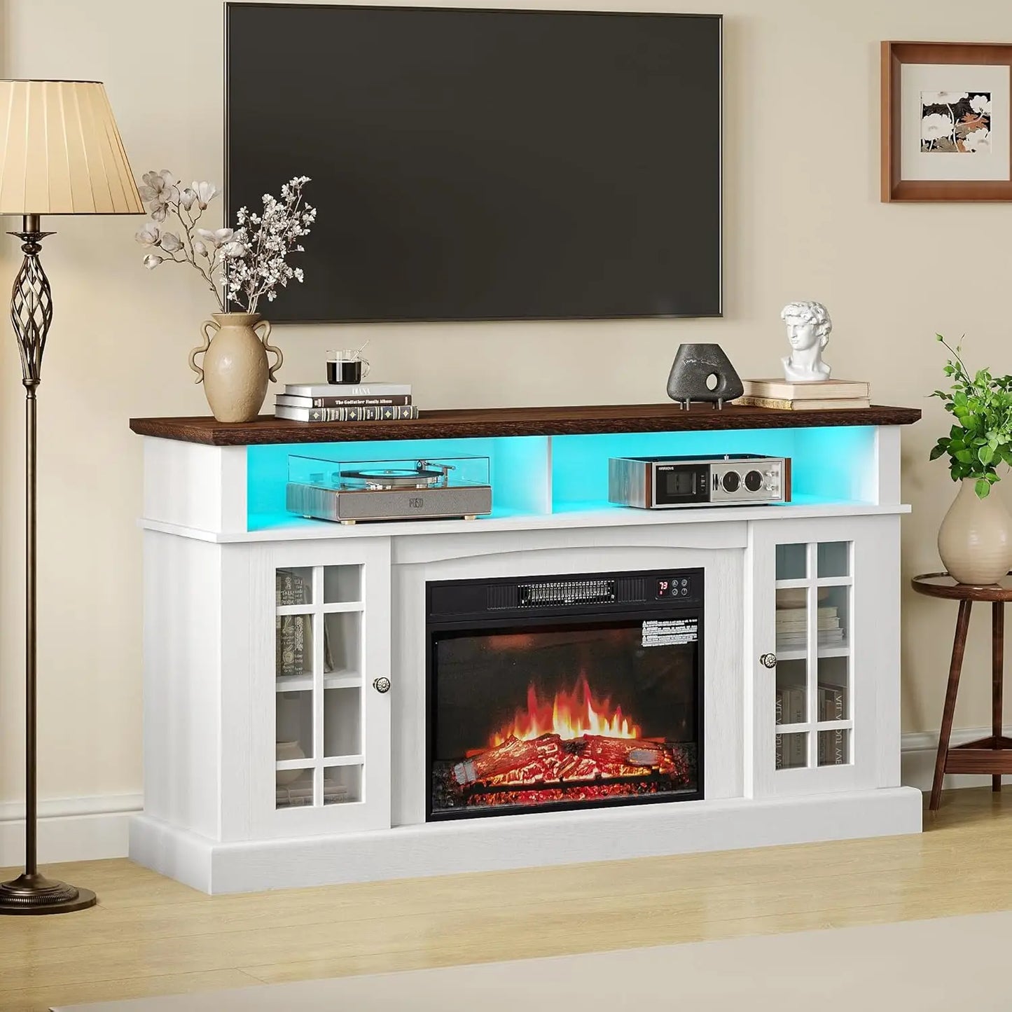 58" Fireplace TV Stand for TVs Up to 65", Farmhouse Entertainment Center with 23" Electric Fireplace & LED Light,, Customized