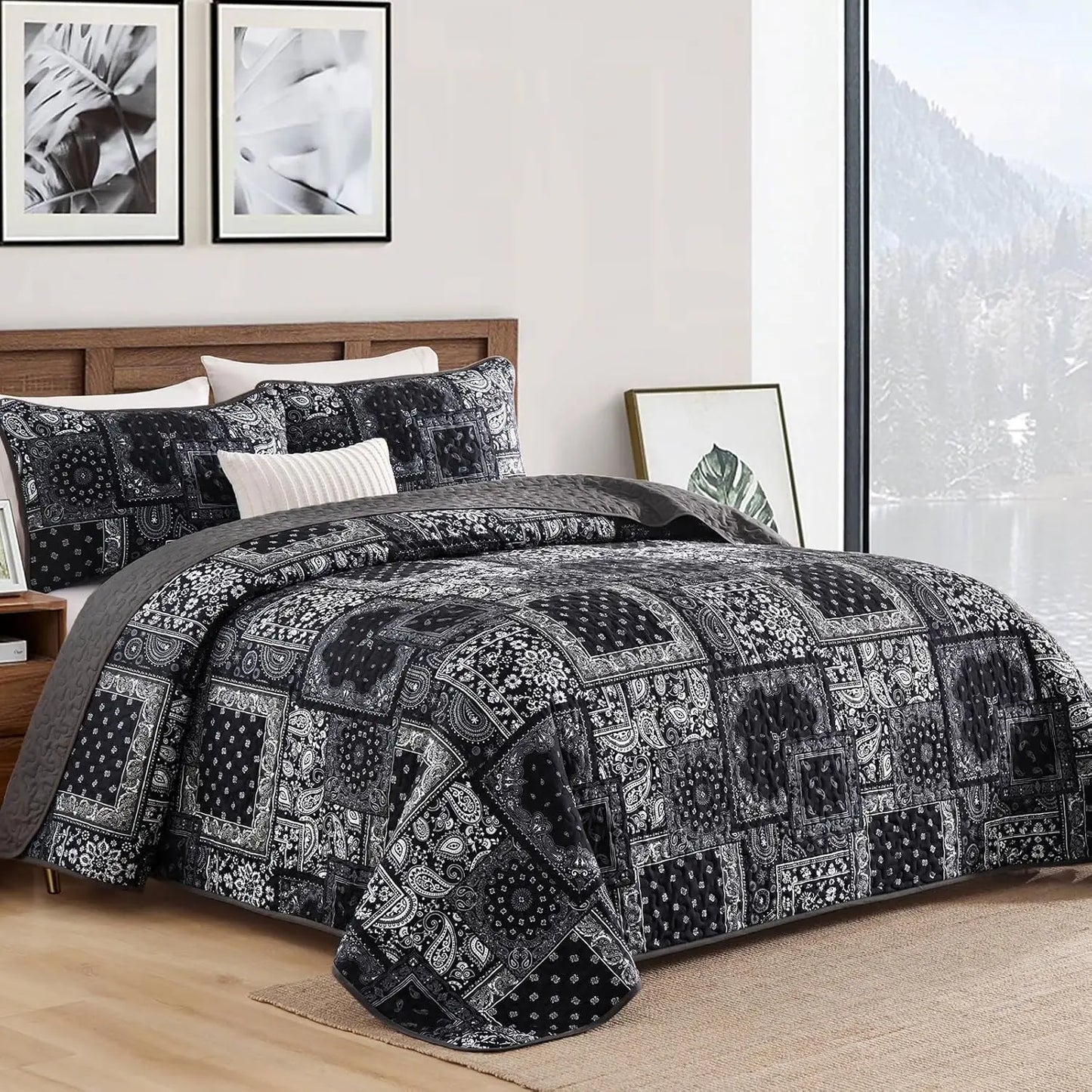 King Size Patchwork Quilt Set, Black Grey Bedspread with Paisley Floral Design, Soft Microfiber 110"x90"