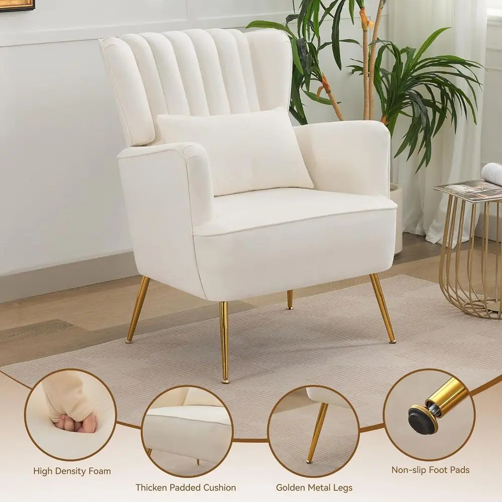 Mid-Century Modern White Wingback Armchair with Pillow And Gold Legs 8.5 Inch Cushion for Living Room Bedroom，Customized