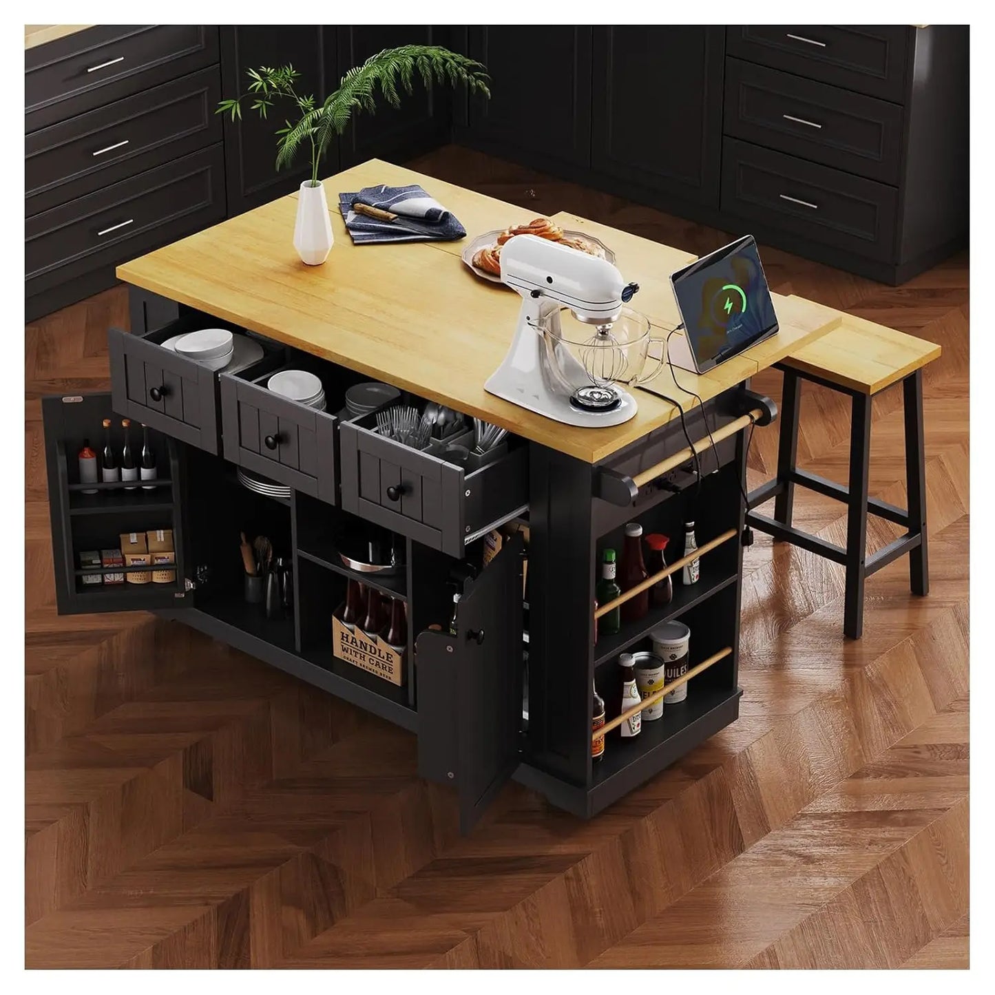 53" Rolling Kitchen Island, Drop Leaf & Power Outlet, 3 Drawers & 2 Cabinets, Mobile Kitchen Cart on 5 Lockable Wheels,, Custom