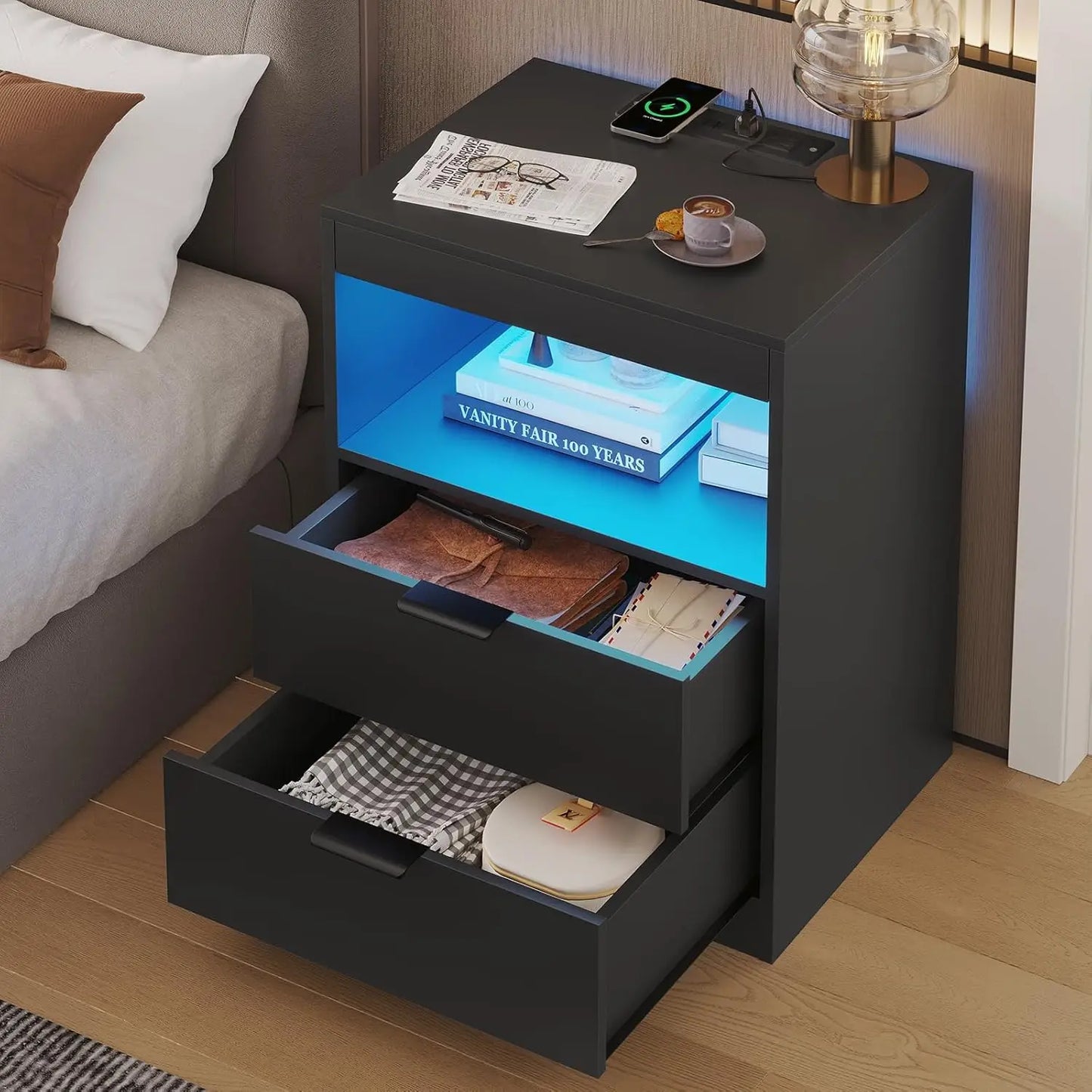 LED Nightstand Black Nightstand with Wireless Charging Station 2 Drawers, Modern Bedroom End Side Table with LED, Customized