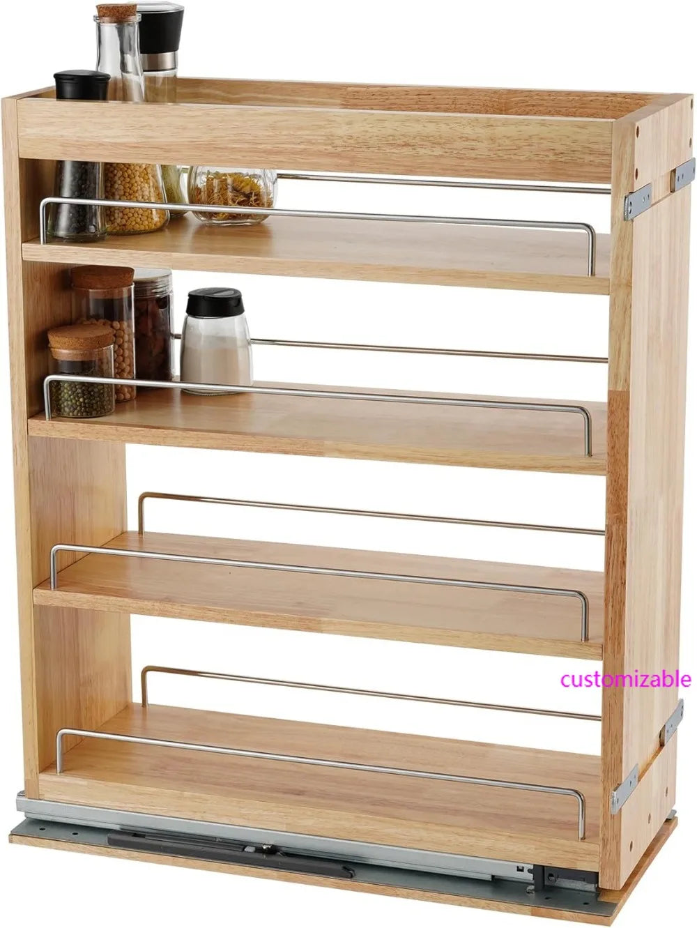 Pull Out Spice Rack Organizer for Cabinet, 5"W x 21.9"D x 25.2"H, Multi-Use Wood Slide Out Shelf Kitchen Storage