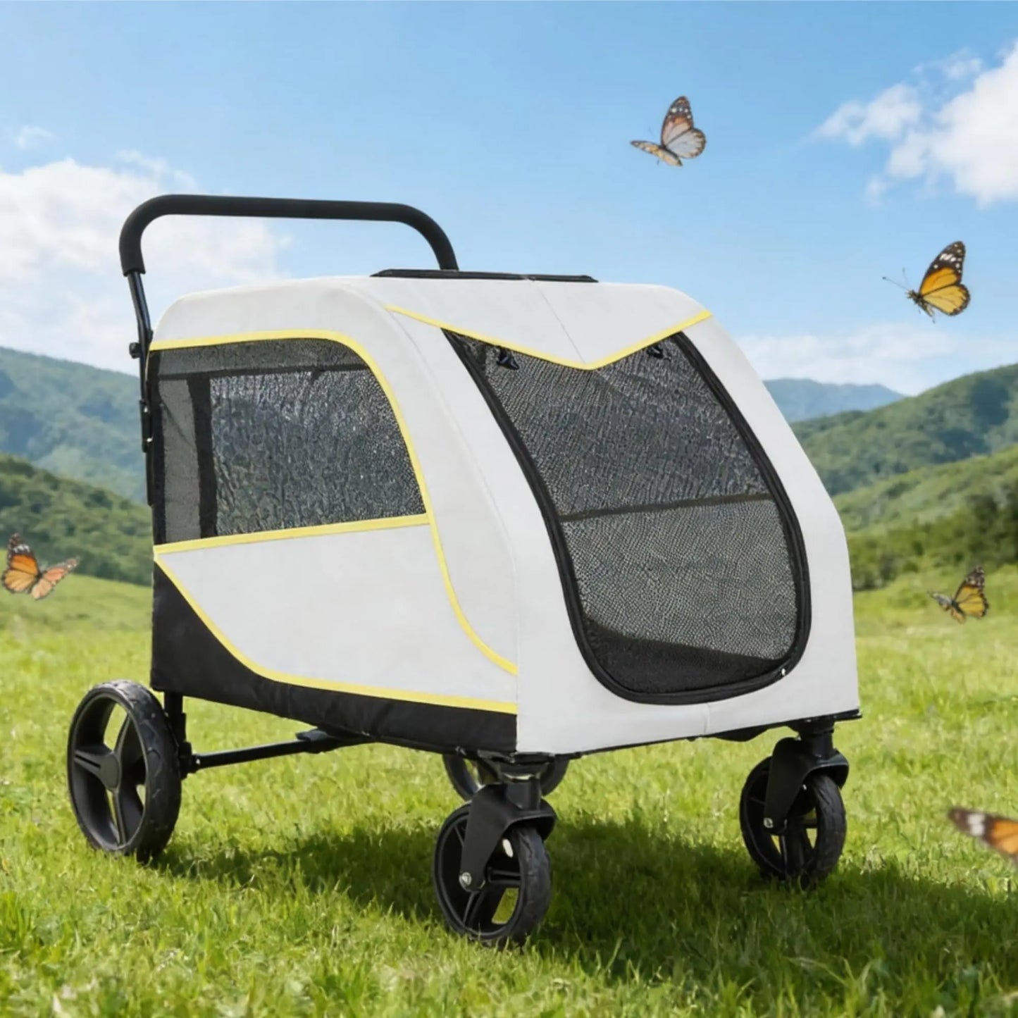 Dog Stroller for Large and Medium Dogs, Easy-Fold Dual Entry Pet Wagon with One-Foot Brake, All-Terrain Cart with Air Mesh