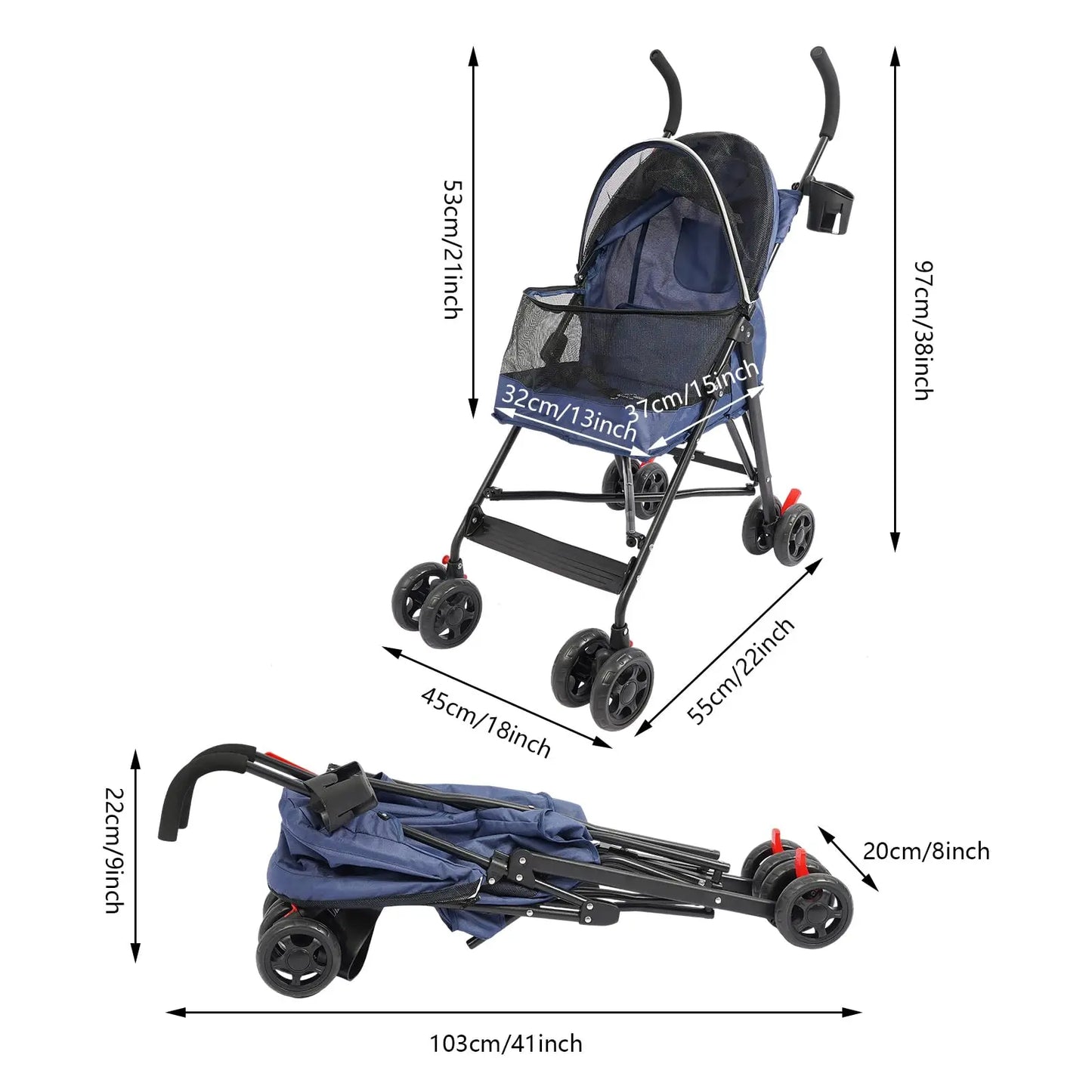 4 Wheels Pet Stroller with Waterproof Cover |   Easy-Fold Travel Carrier |   Pet Strolling Cart for Small/Medium Dogs and Cats |   With