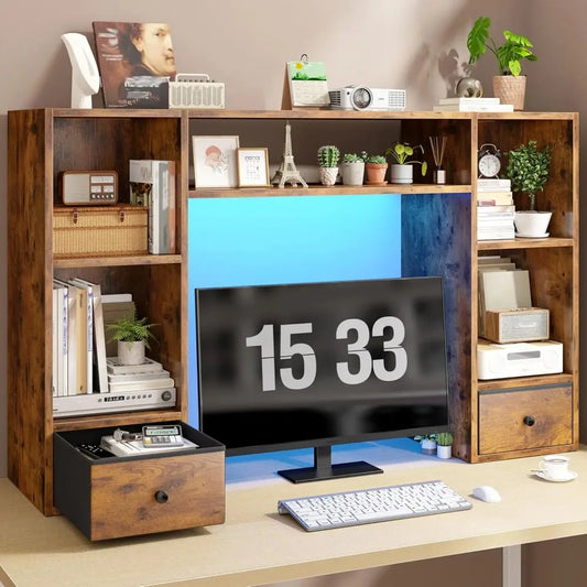 Desktop Bookshelf with LED Lights,47.2" Desktop Organizer with 6 Shelves and 2 Drawers for Top of Desk,Multipurpose, Customized