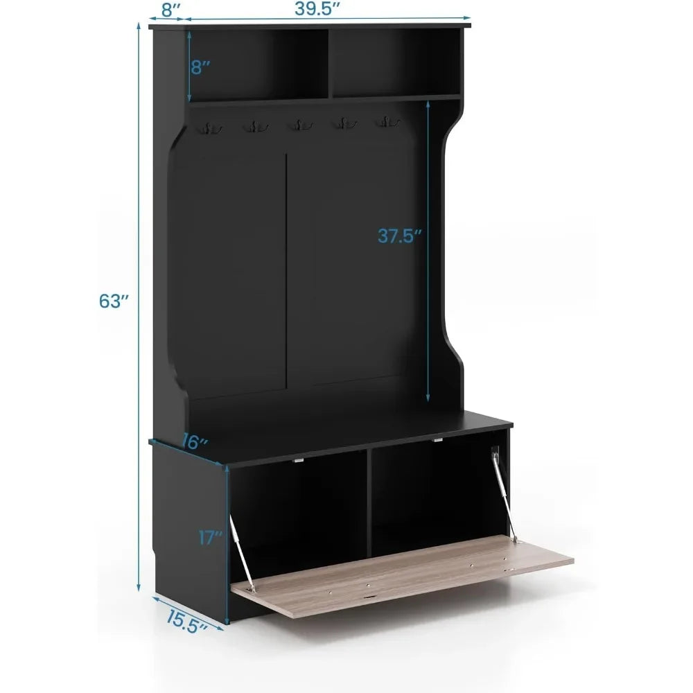 Hall Tree with Coat Rack and Storage Bench, Multifunctional Coat Rack with Entryway Bench, 5 Double Hooks