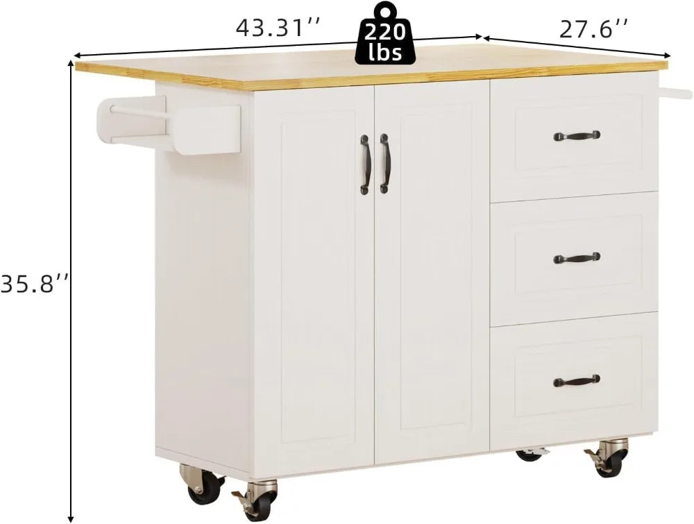 Kitchen Island with Storage on Wheels, Rolling Kitchen Island with Spice Rack & Towel Rack, Portable Island Table for Kitchen