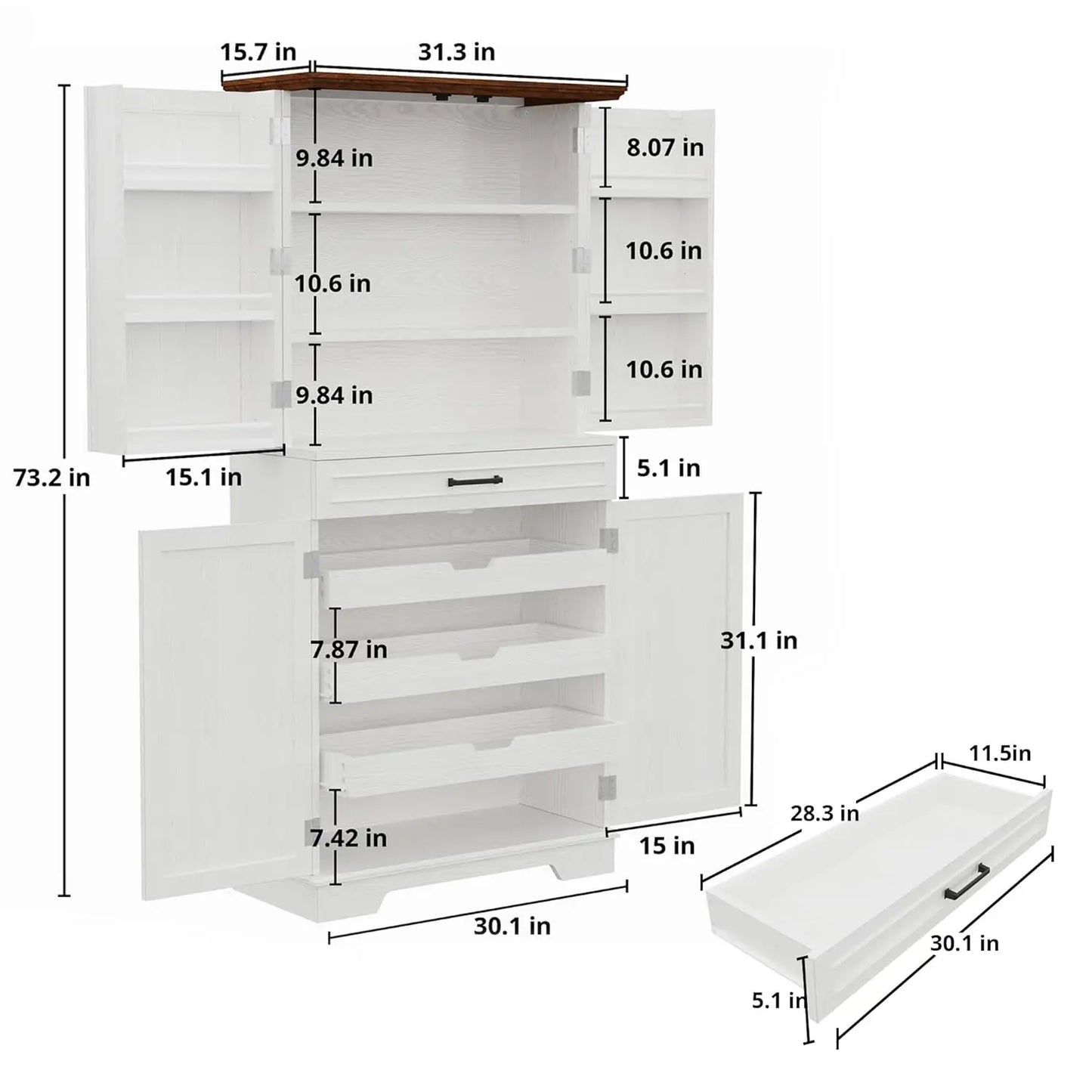 Farmhouse Pantry Cabinet, 72" Tall Kitchen Storage Cabinet, Freestanding Cupboard with Sliding Rack & 6 Hanging, Custom