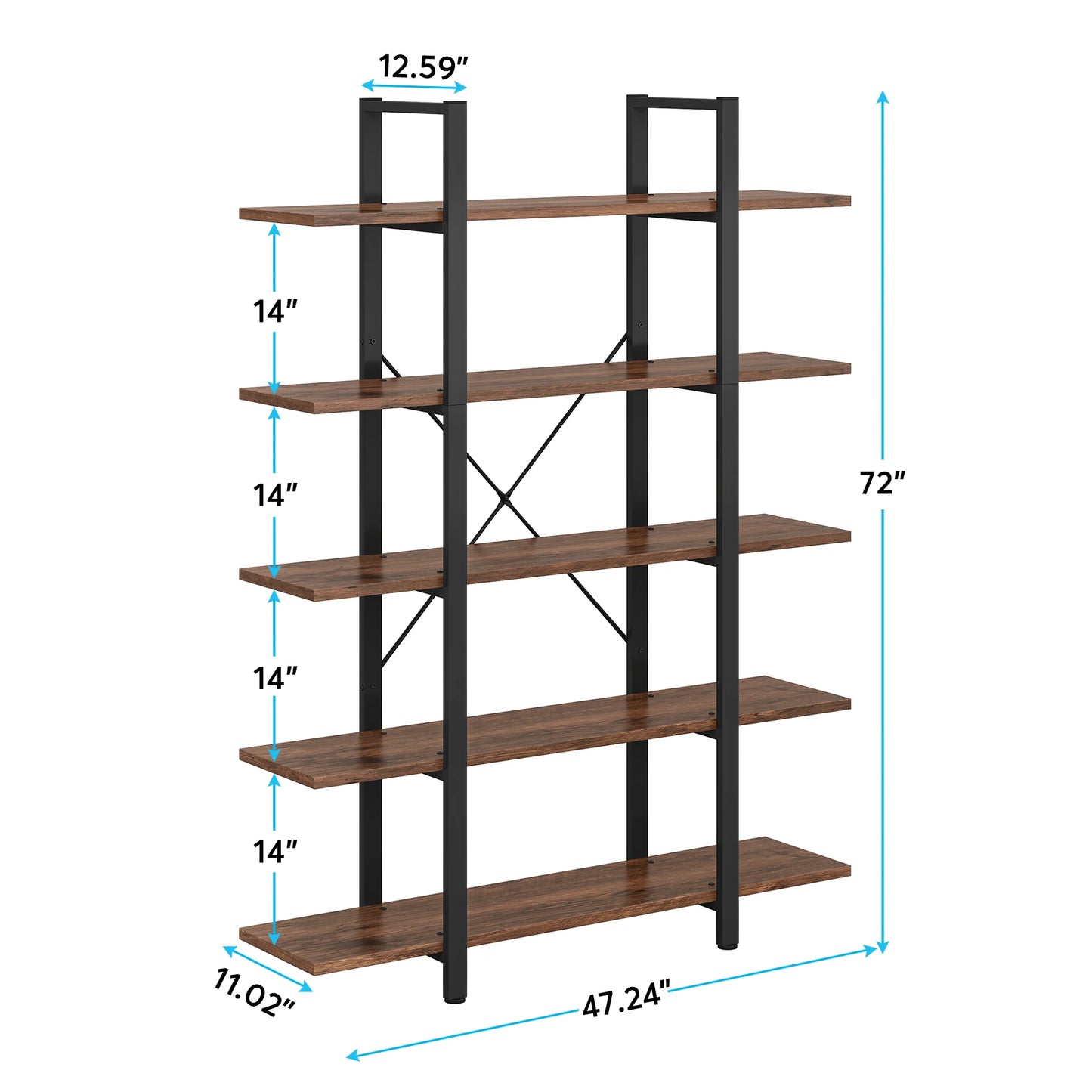 Tribesigns 5-Tier Bookshelf, Vintage Industrial Style Bookcase 72 H x 12 W x 47L Inches