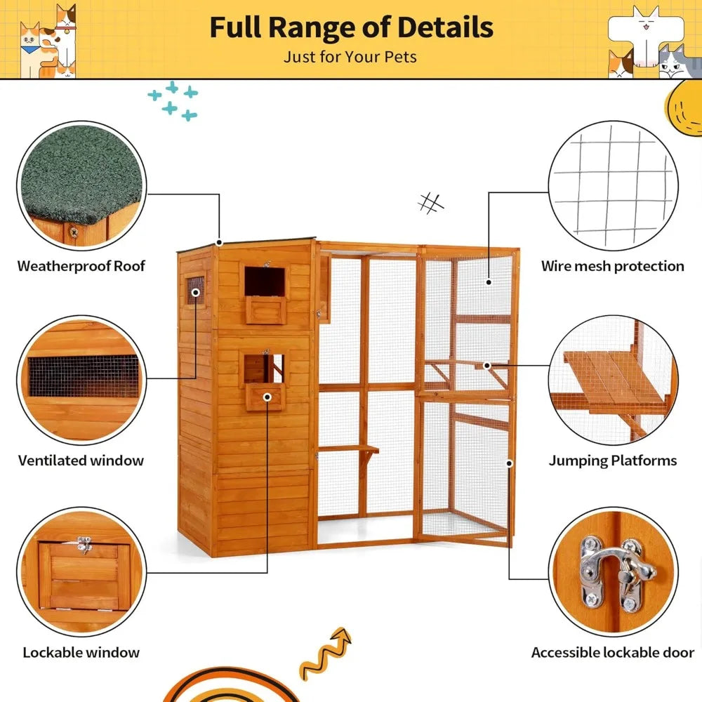 Large Wood Cat Catio, Outdoor Enclosure with Weatherproof Roof, 2 Resting Rooms, 2 Platforms, 4-Tier Cat Playpen, Orange