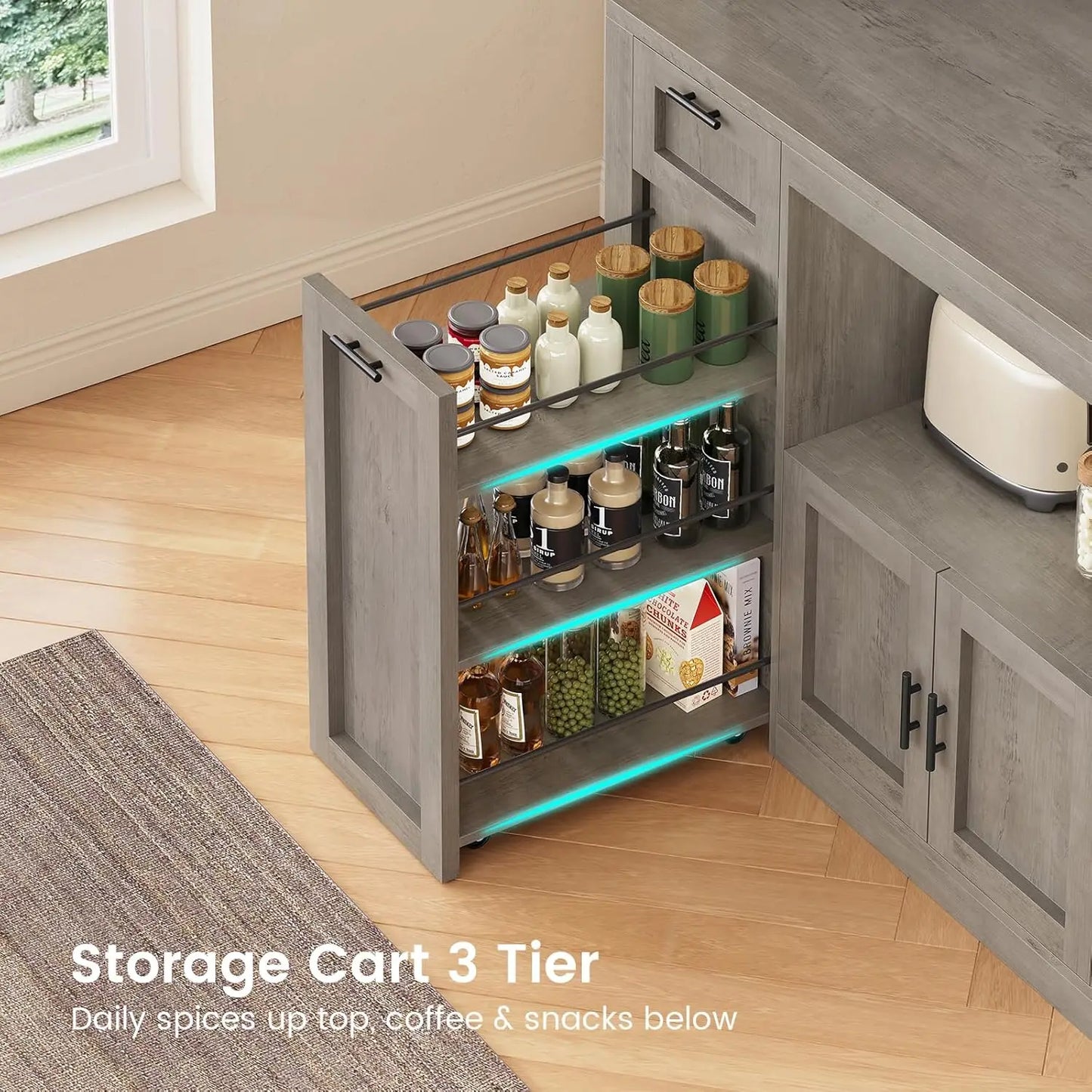 71 Inch Wide Pantry Cabinet with Charging Station And LED Light Kitchen Storage with Microwave Stand Design，Customized