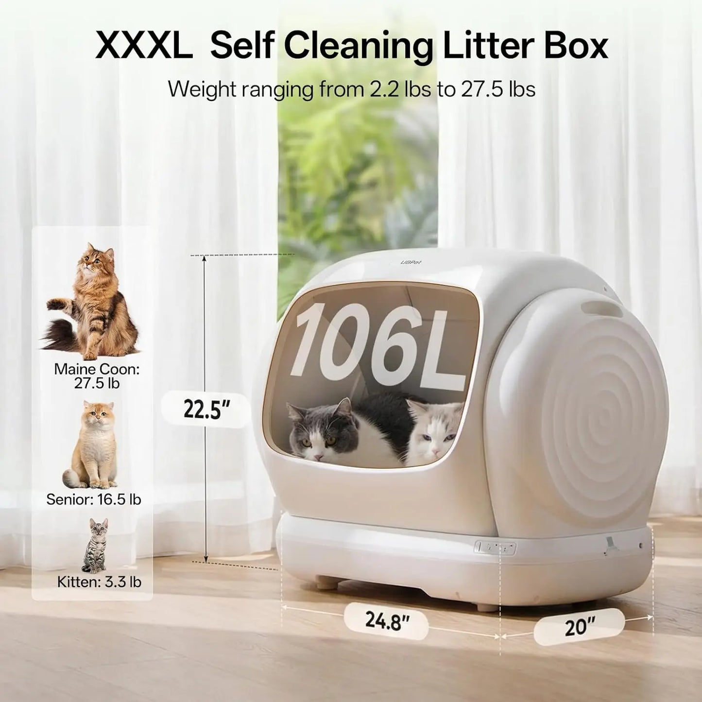 Extra Large Smart Self Cleaning Litter Box, 106L, App Control, Odor Control, Safety Sensor & Low Entry for Multi Cat, Custom