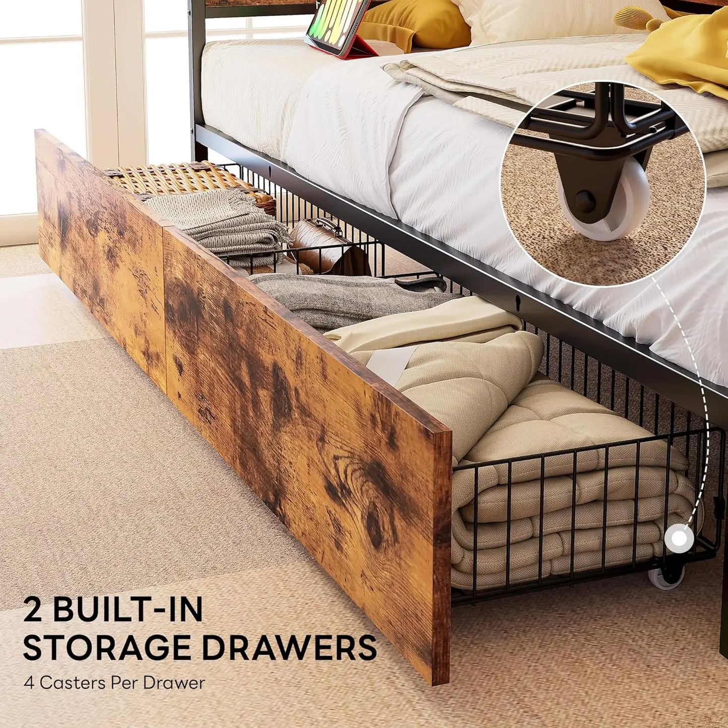 Twin Daybed with Storage Drawers and Charging Station, Corner Bed Frames with Headboard and LED Lights, Industrial, Customized