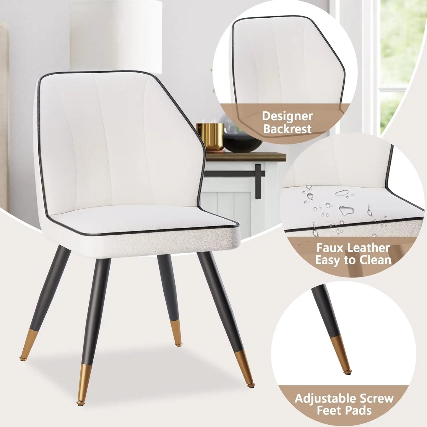 White Faux Leather Dining Chairs Set of 2, Modern Upholstered Accent Kitchen Dining Room Chairs Armless Side Chairs, Customized