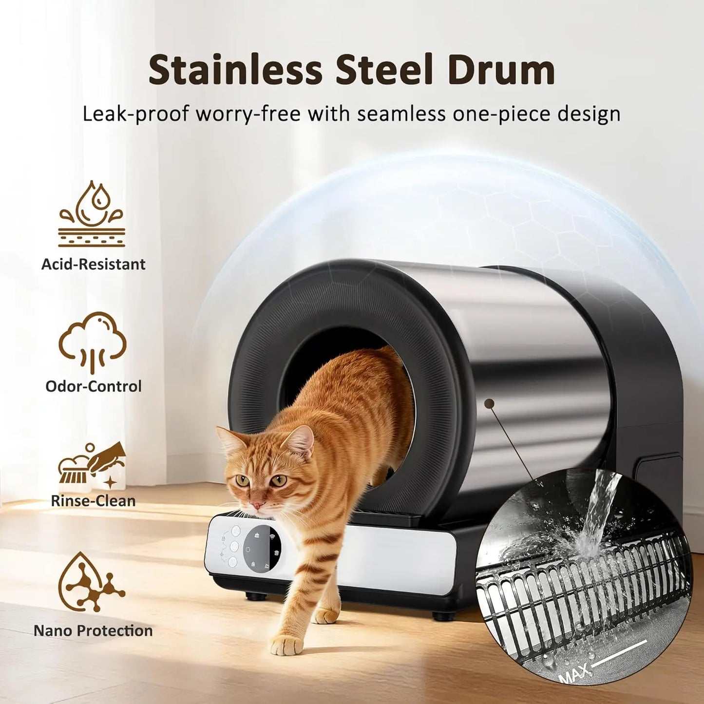 Self Cleaning Litter Box for Multiple Cats, Automatic Cat Litter Box Large Capacity, Stainless Steel Drum with App, Customized