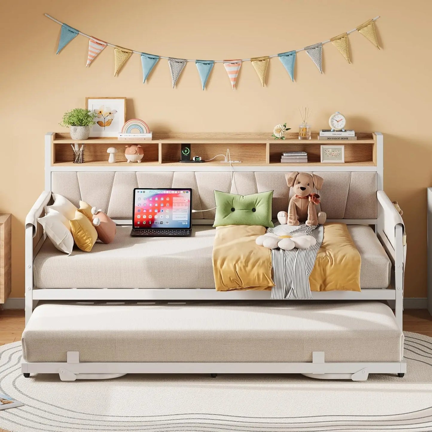 LIKIMIO Daybed with Trundle Bed, Twin Bed Frame with Upholstered Storage Headboard&Charging Station,Sofa Day Bed for Bedroom