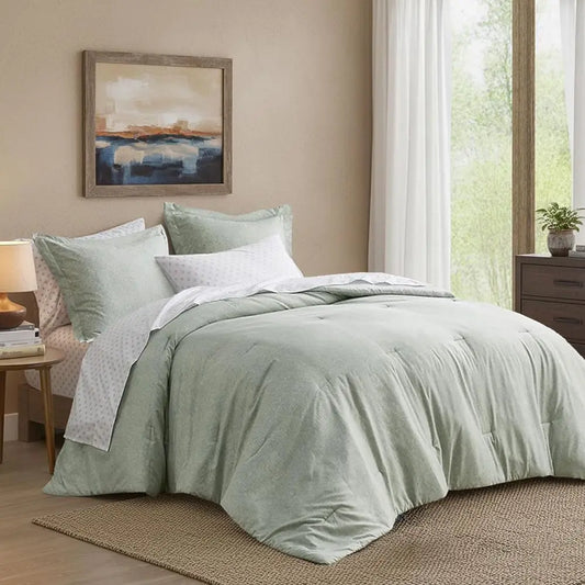 Lightweight 7-Piece Sage Green Bed in a Bag All Season Chambray Print Bedding Set, Ultra Soft Comforter, Sheets, Pillowcase & Sh