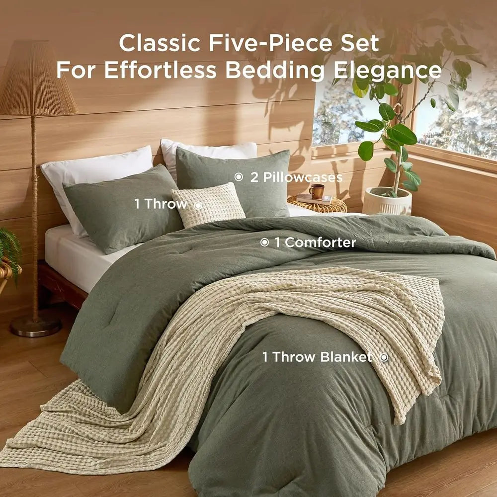 Cotton Comforter Set with Cotton Wale Throw Blanket - Olive Green King Size, Pillow Shams, Beige Cooling Blanket from Bamboo or