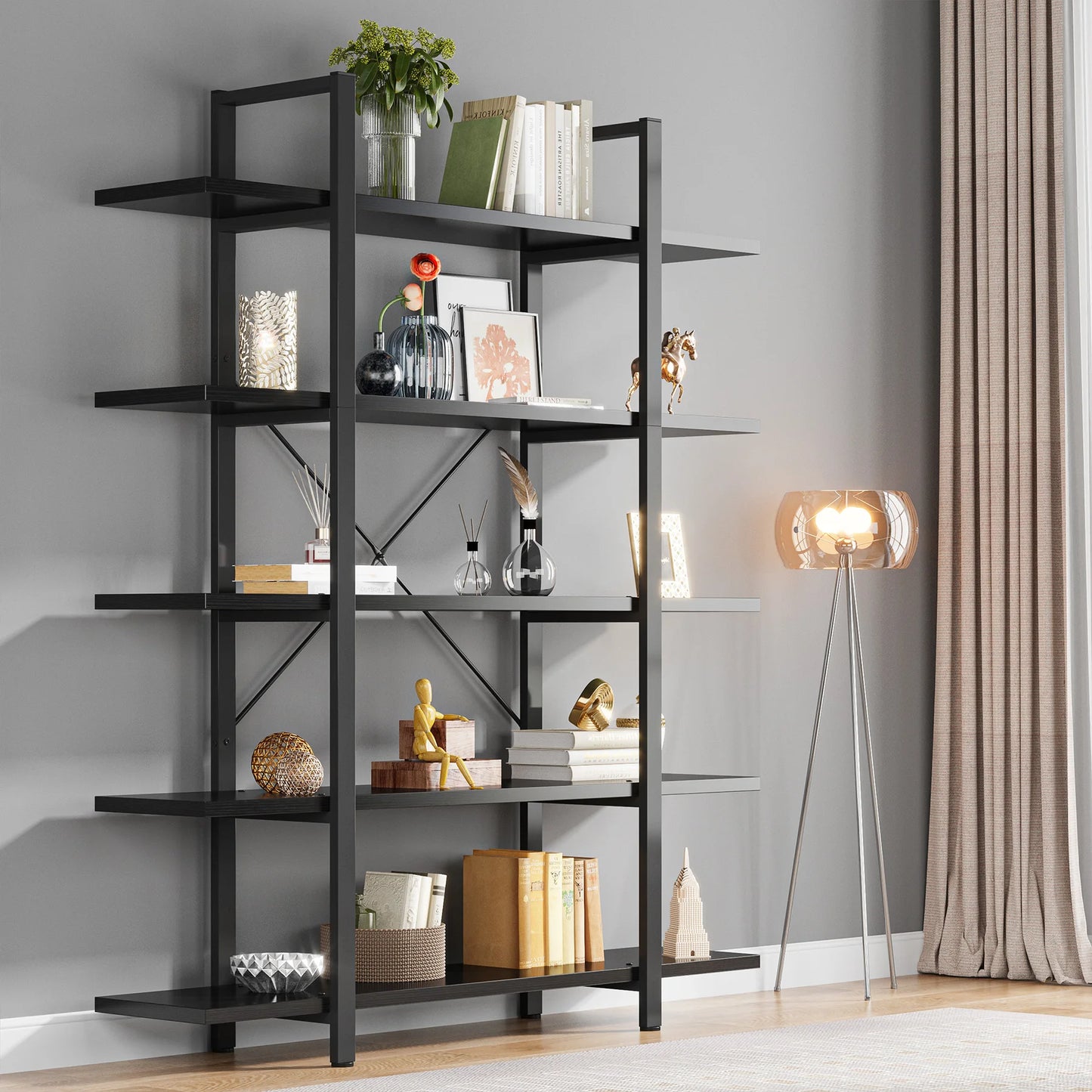 Tribesigns 5-Tier Bookshelf, Vintage Industrial Style Bookcase 72 H x 12 W x 47L Inches