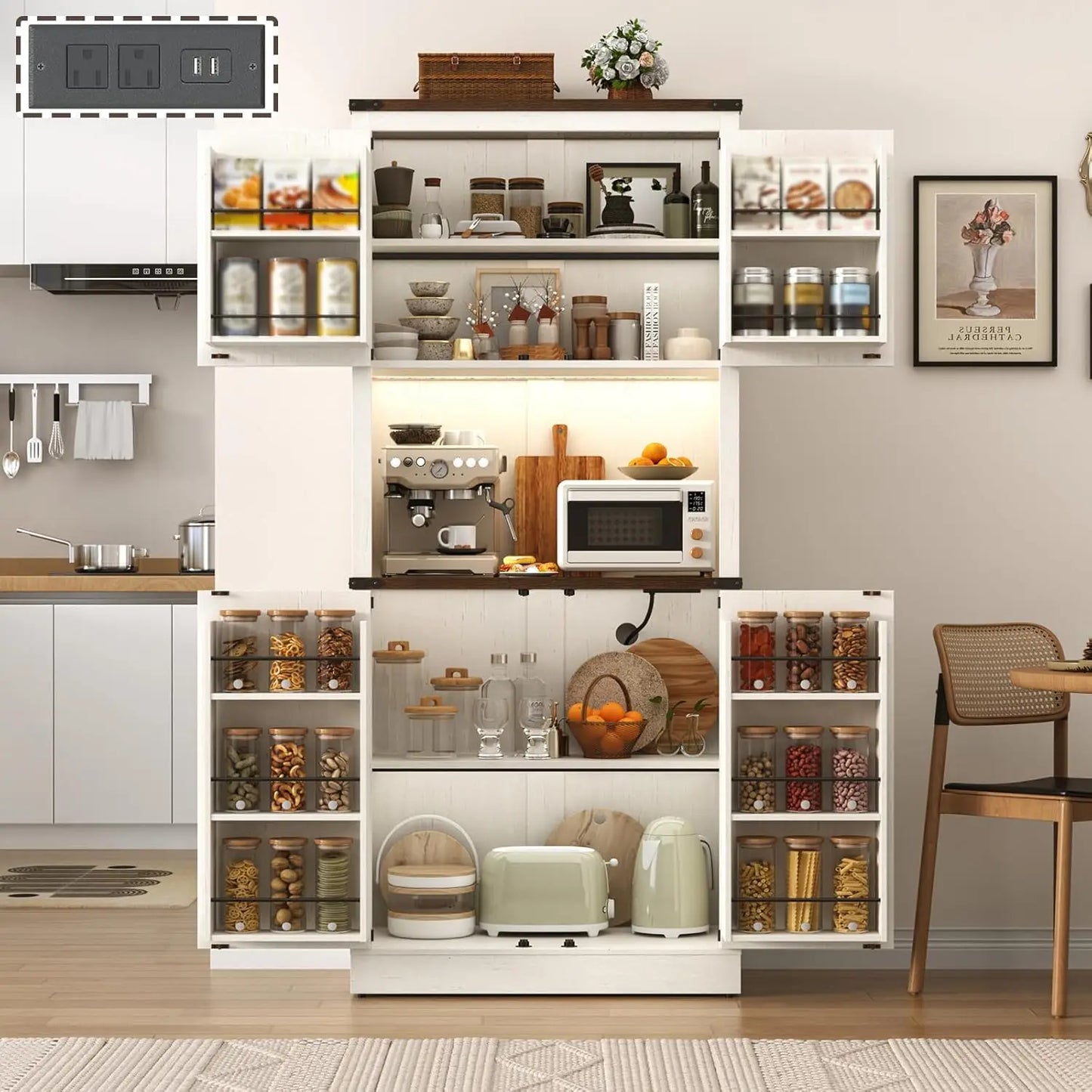 72" Tall Farmhouse Kitchen Pantry Cabinet with LED Light and Power Outlet,Modern Farmhouse Kitchen Storage Cabinet w, Custom