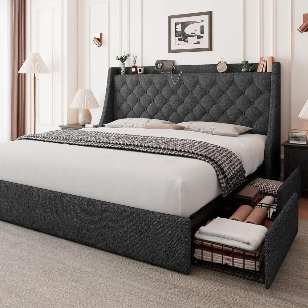 BestsellerBestsellerBestsellerfeonase queen bed frame with 4 storage drawers, upholstered storage bed with charging station, tuf