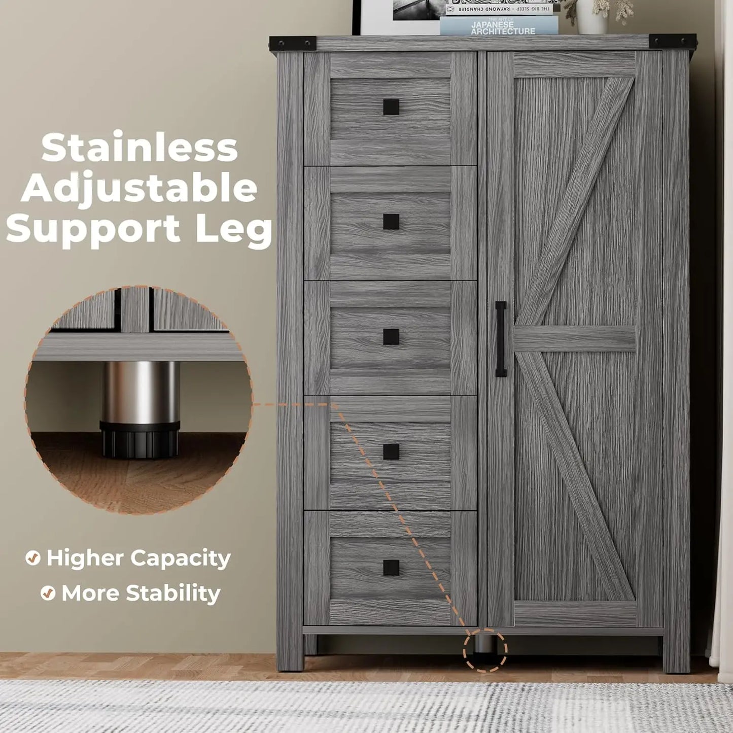 Farmhouse Dresser Storage Cabinet for Bedroom, 5 Drawer Dresser with Barn Door, 48 Inch Tall Grey Wood Chest, Customized