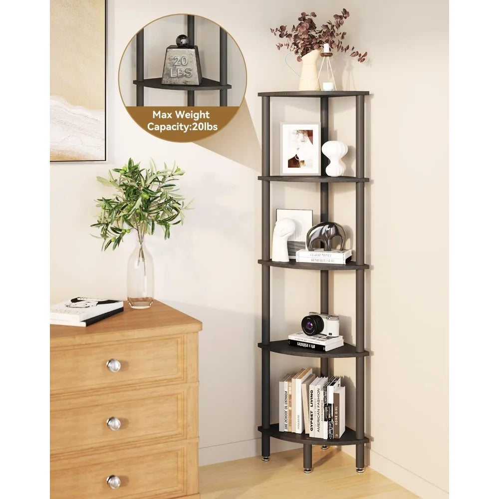 5 Tier Corner Shelf Stand,Industrial Corner Display Rack,Corner Bookshelf for Living Room, Bedroom, Kitchen, Home Office, Black