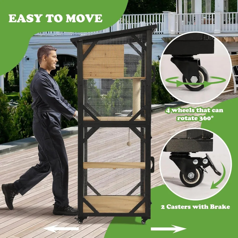 Grepatio Catio Outdoor Cat Enclosure, 4 Tiers Cat House with Waterproof Roof, Indoor Cat Cage with Wheels and Removable Floor, L