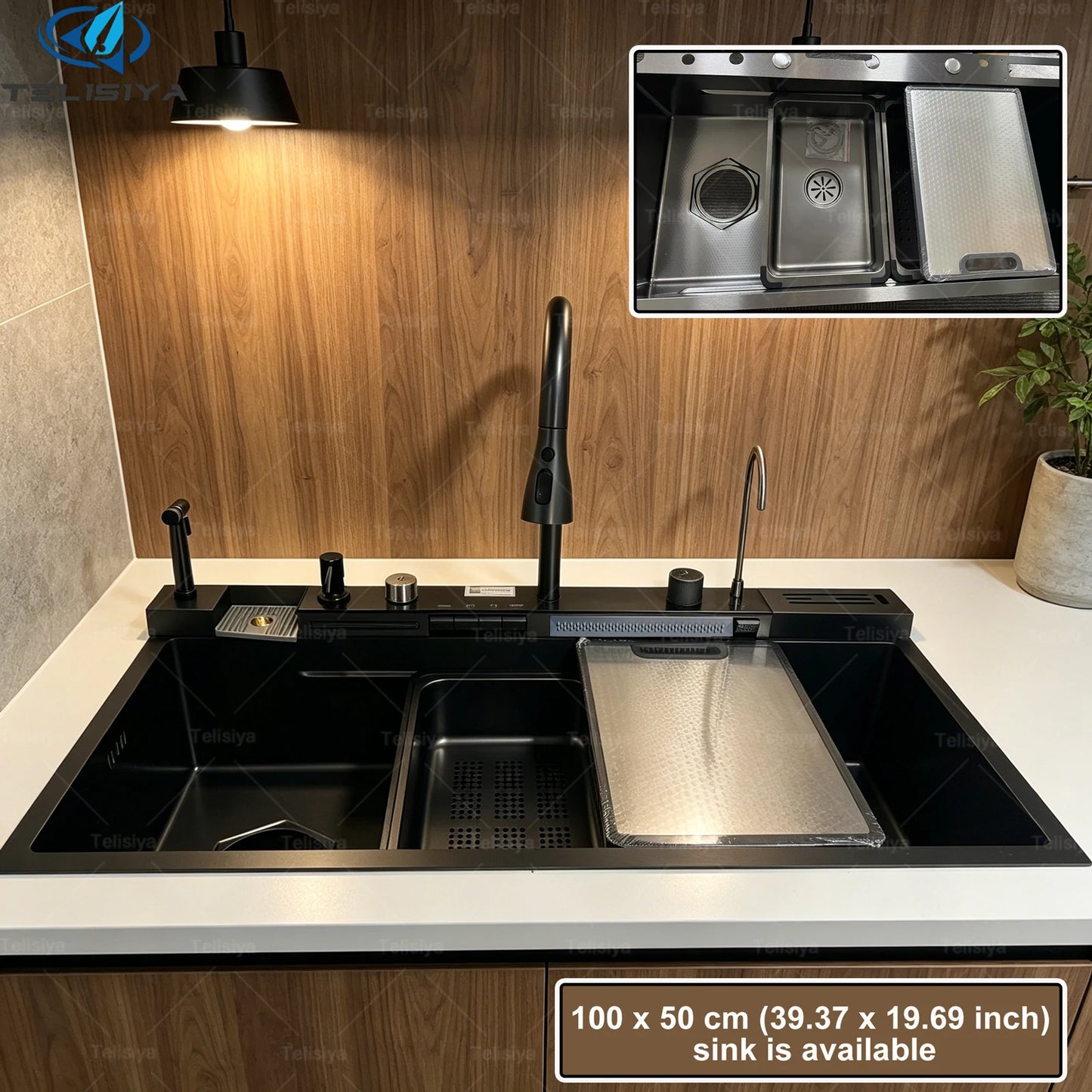 Stainless Steel Kitchen Sink Large Single Slot Multifunctional Waterfall Digital Display Faucet Wash Dish Bowl Undermount Basin