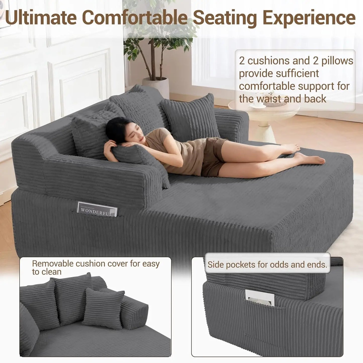 58" Oversized Boneless Chair, Corduroy Lounge Chaise Chair Indoor Sleeper Sofa Bed with Arms and 4 Pillows, No, Customized