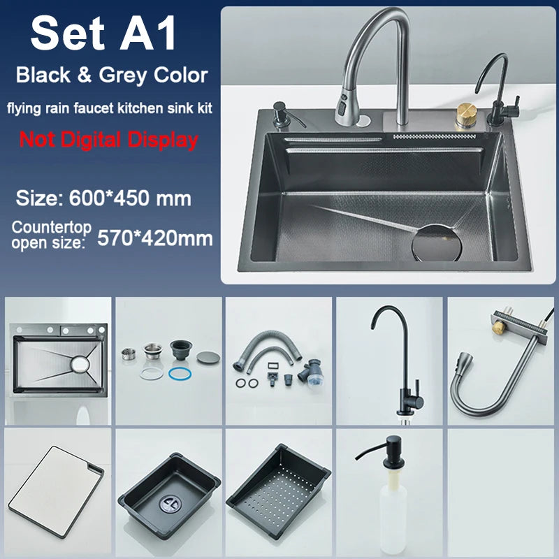 Single Slot Kitchen Sink with Faucet 304 Stainless Steel Large 60x45cm Rainfall 4 Functions Sink with Soap Dispenser,Cup Washer