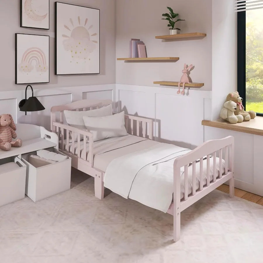 Dream On Me Classic Design Toddler Bed In Pink, Low-to-Floor Wooden Bed With Safety Rails, GREENGUARD Gold & BSA Certified, Non-
