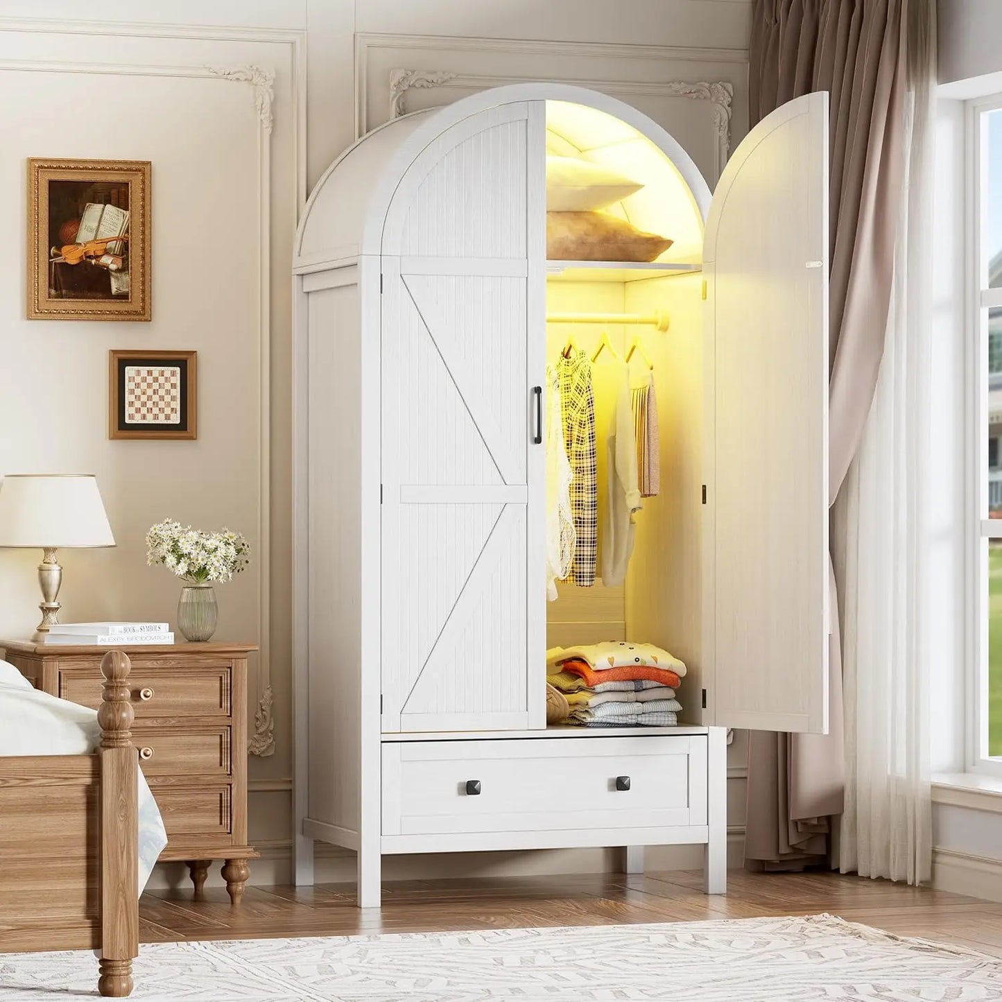 Armoire Wardrobe Closet with Drawers and 2 Arched Fluted Doors, 70.9‘’ Tall Wooden Bedroom Armoires with LED Light，Customized
