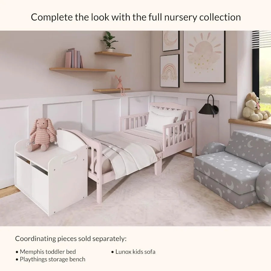Dream On Me Classic Design Toddler Bed In Pink, Low-to-Floor Wooden Bed With Safety Rails, GREENGUARD Gold & BSA Certified, Non-