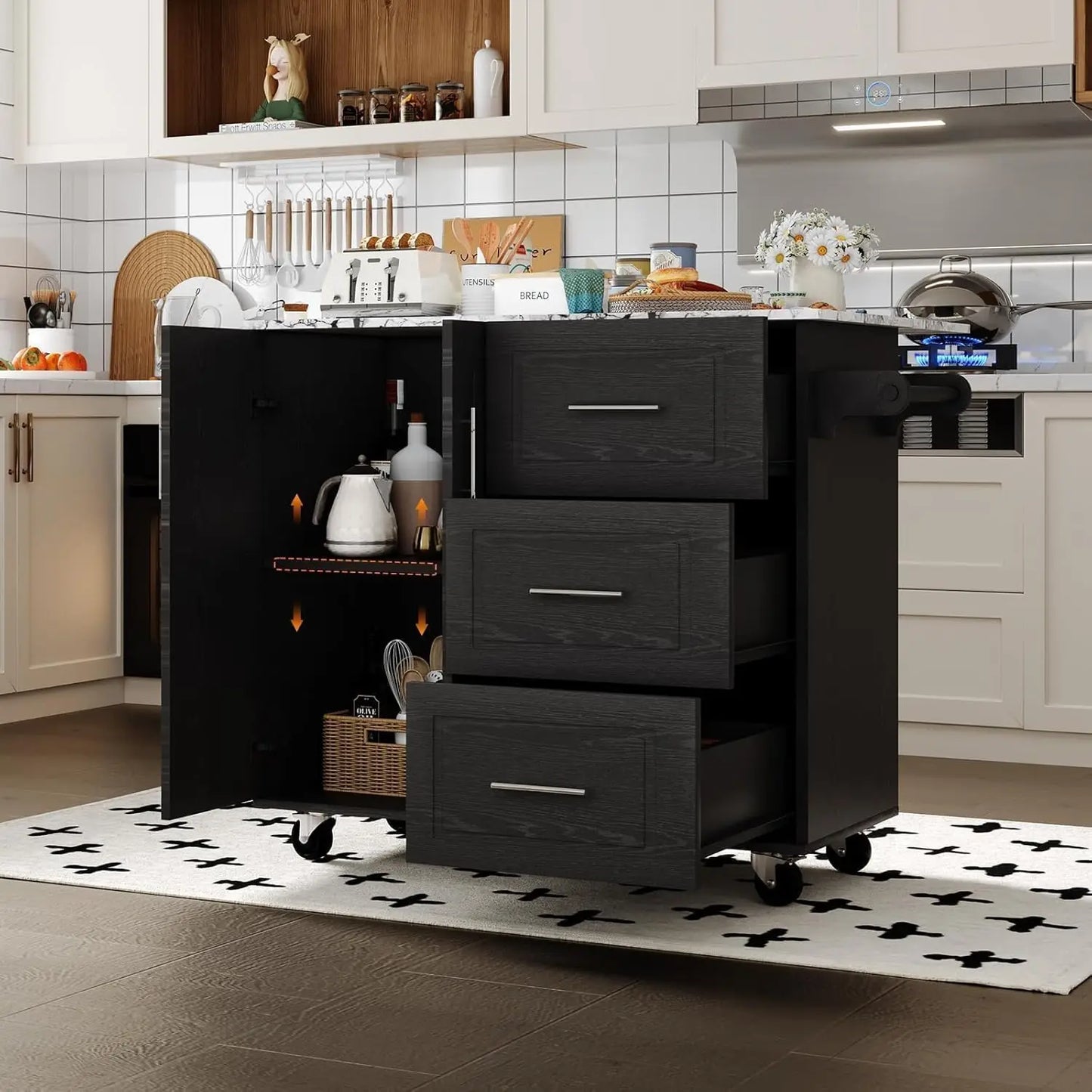 Kitchen Island with Storage on Wheels, Rolling Kitchen Island with Spice Rack & Towel Rack, Portable Island Table for Kitchen