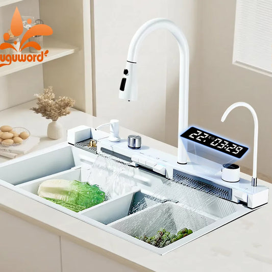 304 Stainless Steel Waterfall Kitchen Sink Large Single Slot Integrated Digital Display Faucet Set Soap Dispenser Cup Washer