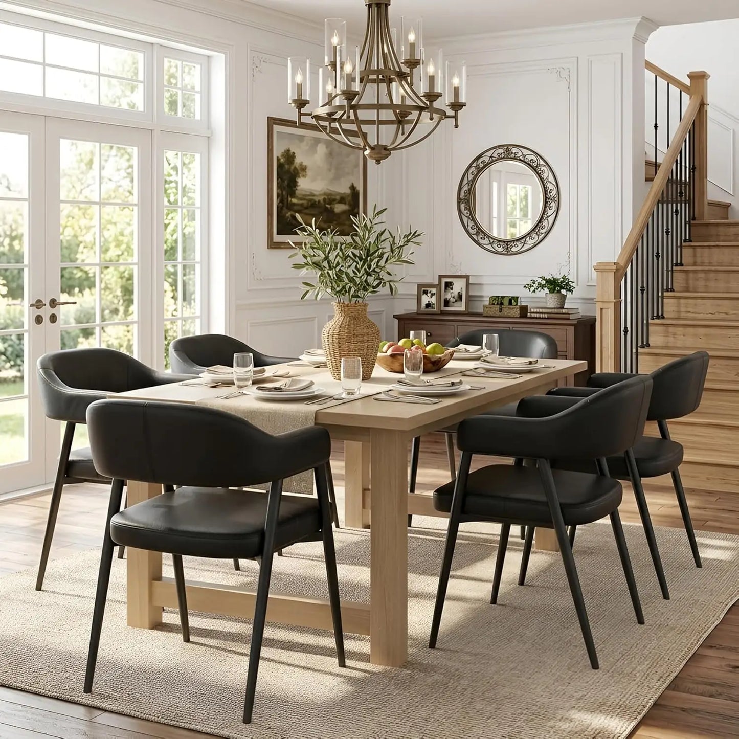 Faux Leather Dining Chairs 6pcs Mid-Century Barrel Arms Metal Legs Open Back Kitchen Dining Room Custom