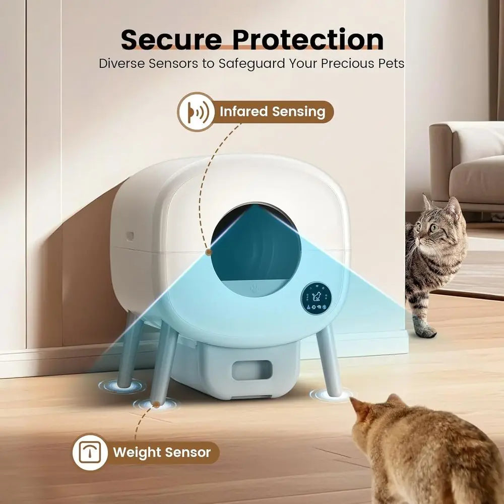 Luxury Large-Capacity Automatic Litter Box for Multiple Cats with App Control, Safety Features, and 2 Litter Bags - White