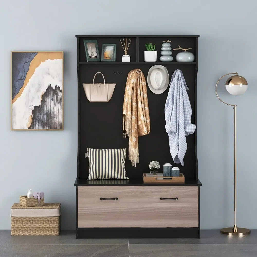 Hall Tree with Coat Rack and Storage Bench, Multifunctional Coat Rack with Entryway Bench, 5 Double Hooks