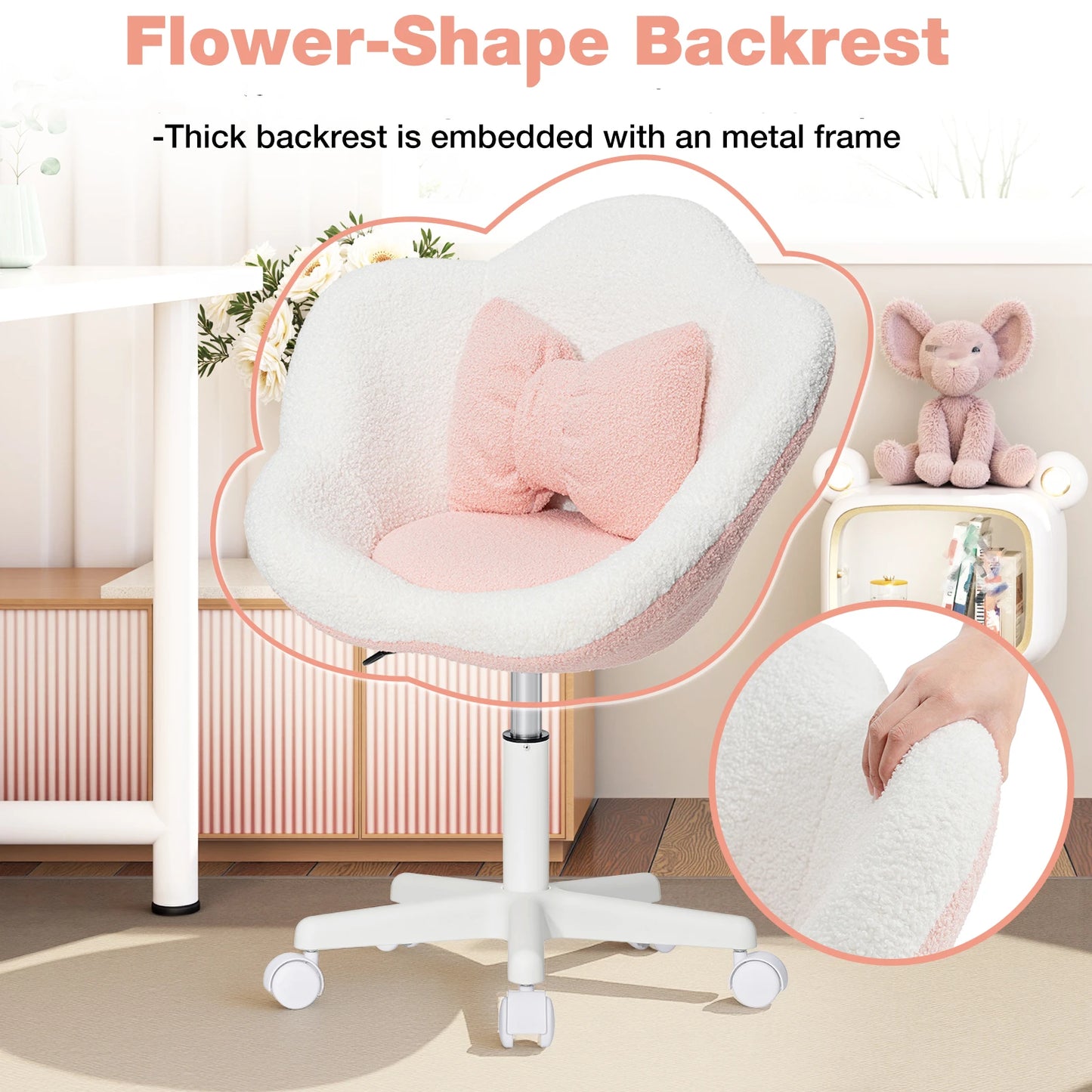 Kids Desk Chair Ergonomic Flower Study Chair Boucle Swivel Kids Computer Chair Adjustable Height Cute Children Desk Chair