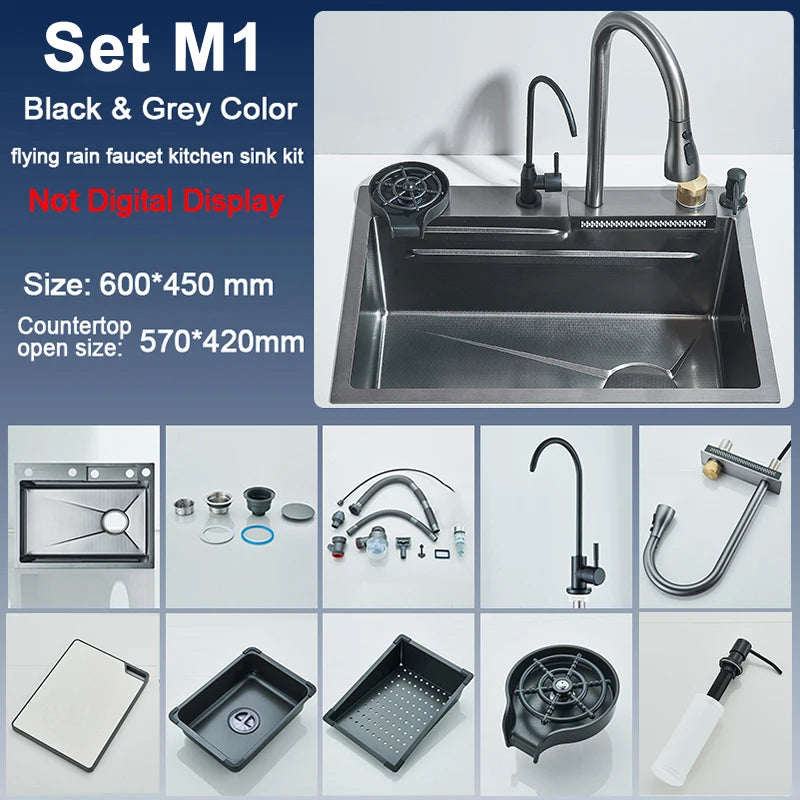 Stainless Steel Kitchen Sink with Faucet 75*45cm Large Single Bowl Digital Display Dish Basin Sink Waterfall Hot Cold Faucets