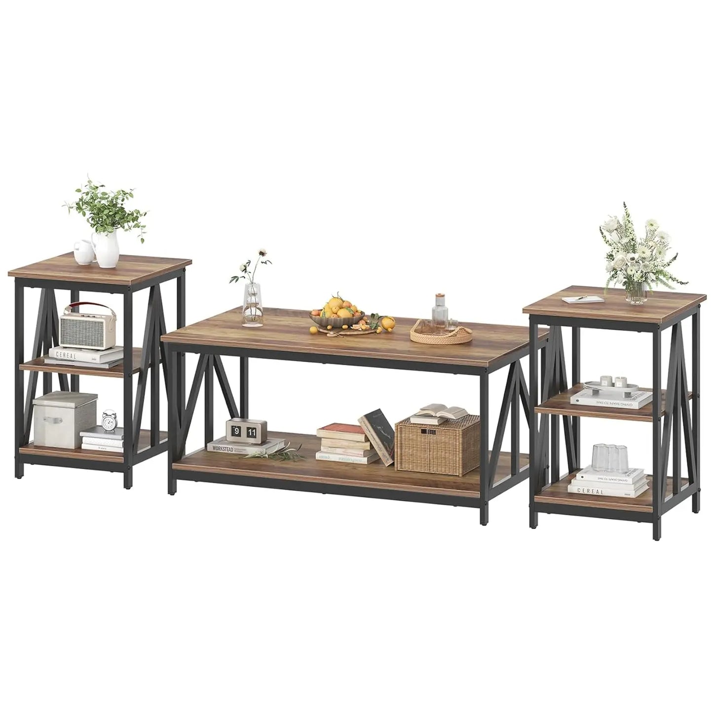 Living Room Coffee Table Set of 3, Industrial X-Design Coffee Table and 2 End Side Tables, 3 Piece Living Room Table Set
