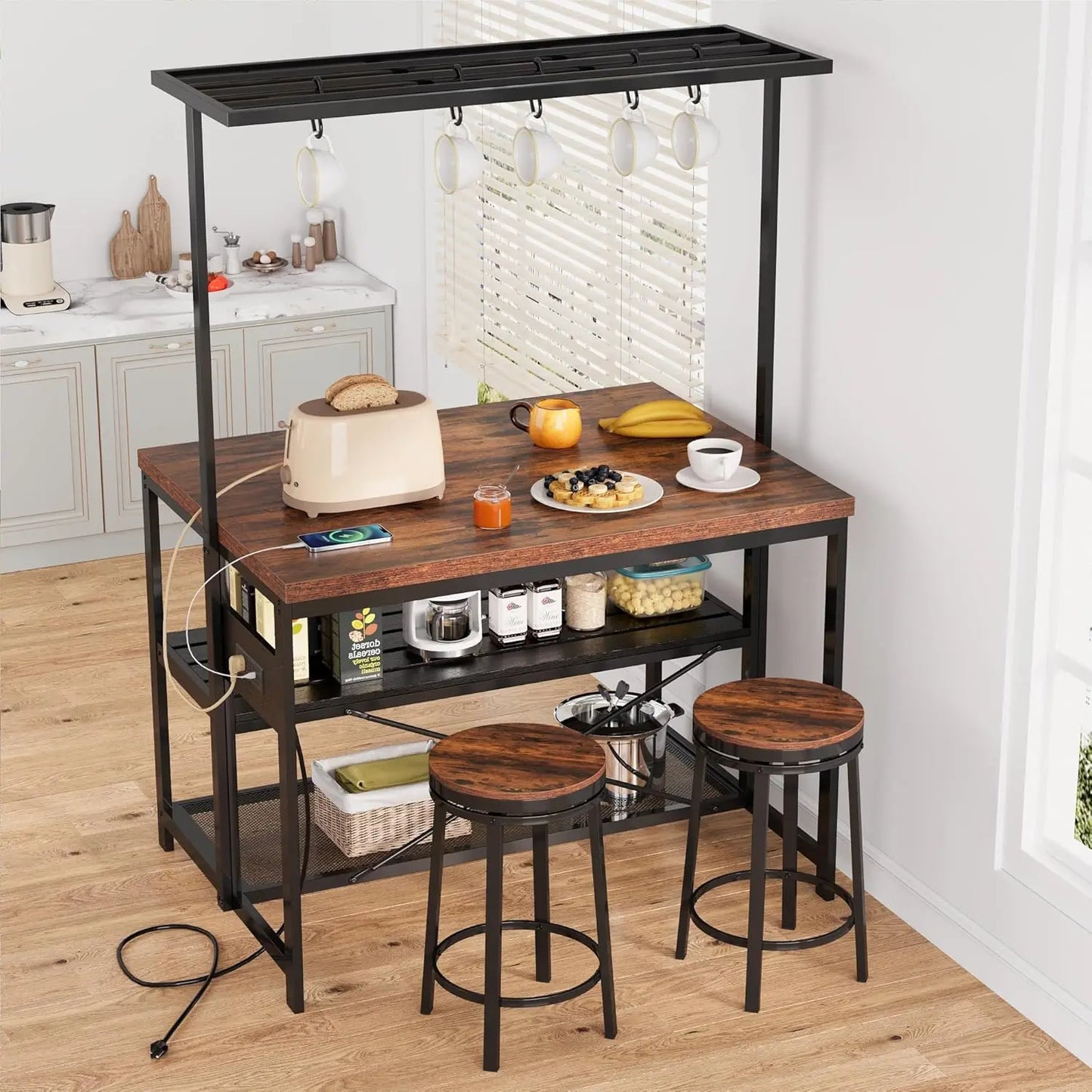 42" Kitchen Island with Storage & Seating - 3-Tier Bakers Rack, Microwave Stand, Dining Table for 4, 5 Hooks & 50lb Capacity, Mu