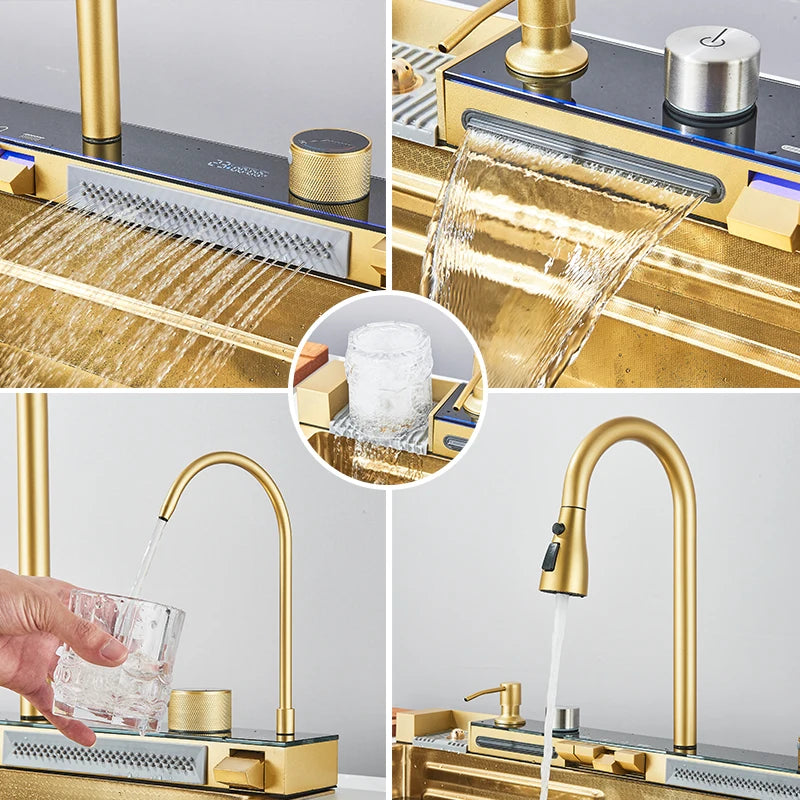 Stainless Steel Kitchen Sink with Faucet 75*45cm Large Single Bowl Digital Display Dish Basin Sink Waterfall Hot Cold Faucets