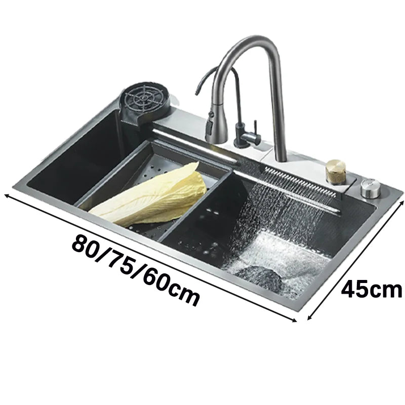 Multifunction 304 Stainless Steel Gray/Brushed Nickel Kitchen Sink Waterfall Faucet Large Single Bowl Cup Washer Pure Tap