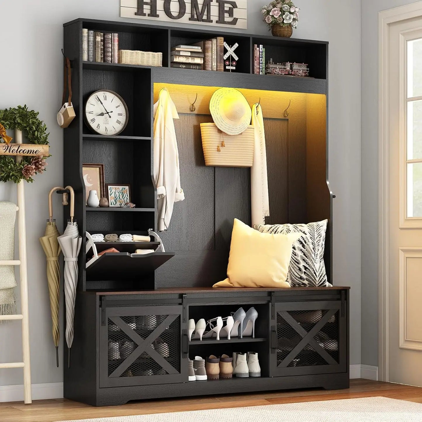 75in Farmhouse Hall Tree Entryway Storage Bench Coat Rack Shoe Cubbies Umbrella Holder Drawer Mudroom Cabinet, Custom
