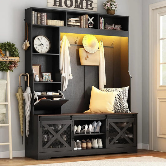 75in Farmhouse Hall Tree Entryway Storage Bench Coat Rack Shoe Cubbies Umbrella Holder Drawer Mudroom Cabinet, Custom