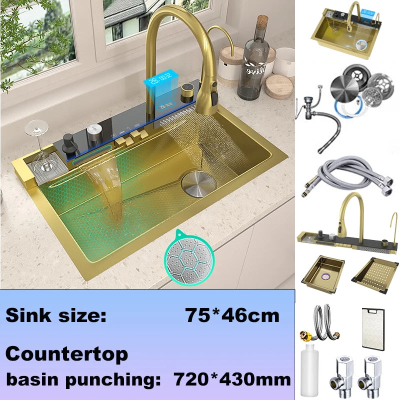 Stainless Steel Kitchen Sink Large Single Slot Multifunctional Waterfall Digital Display Faucet Wash Dish Bowl Undermount Basin