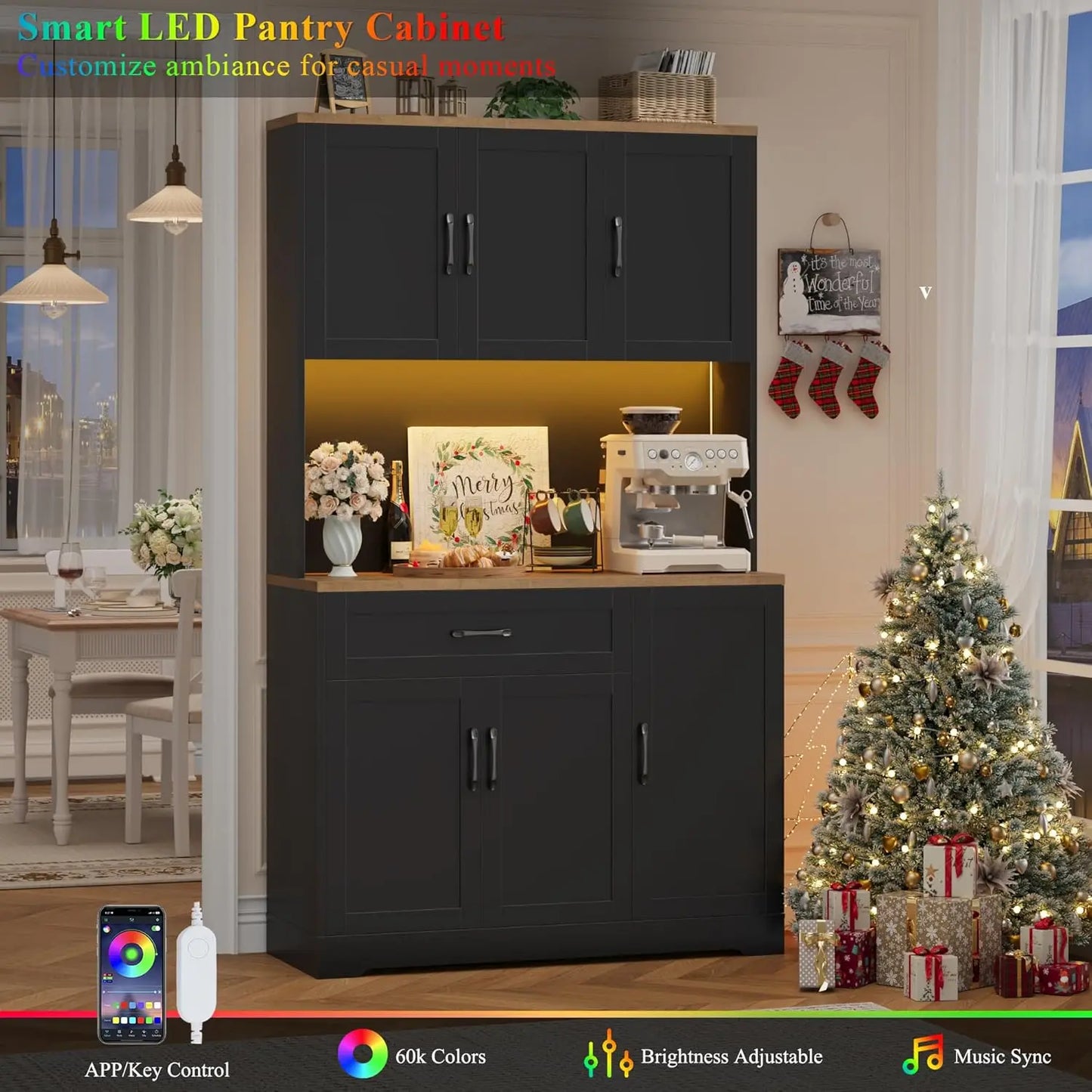 71" LED Kitchen Pantry Cabinet with Power Outlet, Tall Hutch Storage Cabinet with Microwave Stand & 6 Door Shelves,, Customized