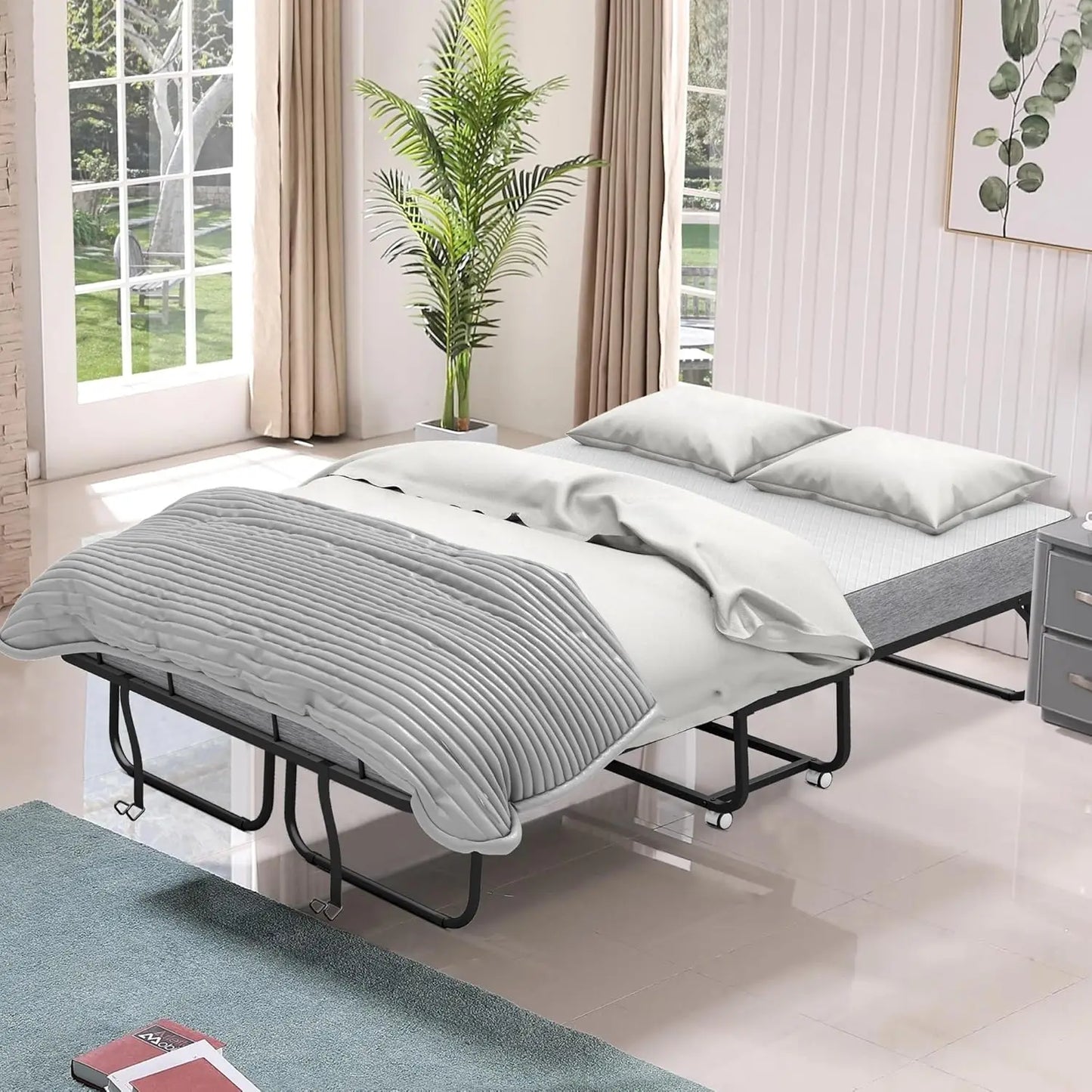 Full Size Folding Bed with Mattress - Extra Large Size 75''x54'' Foldable Rollaway Bed for Guest, Space Saving Fold Up for Easy